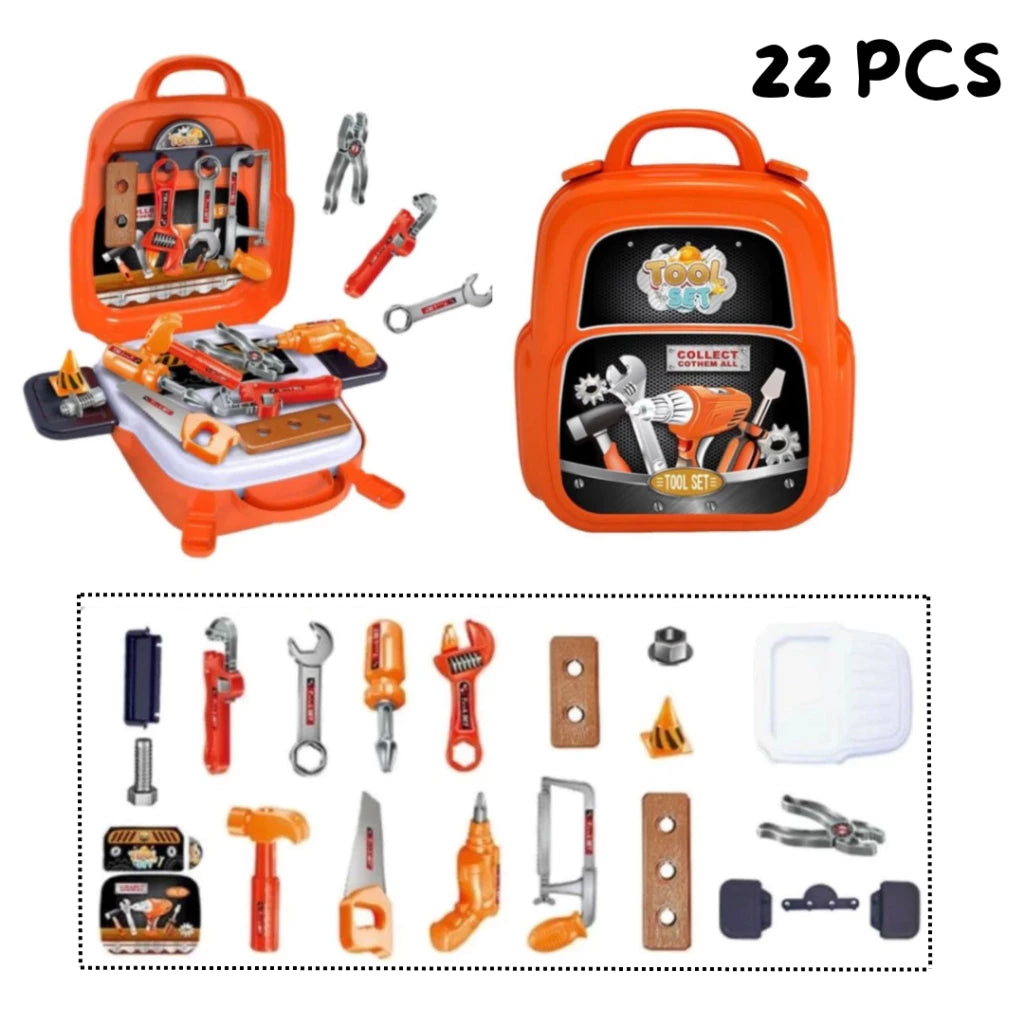 Kit Maleta de Ferramentas Infantil 3 em 1 - Bancada de Trabalho Educativa Portátil