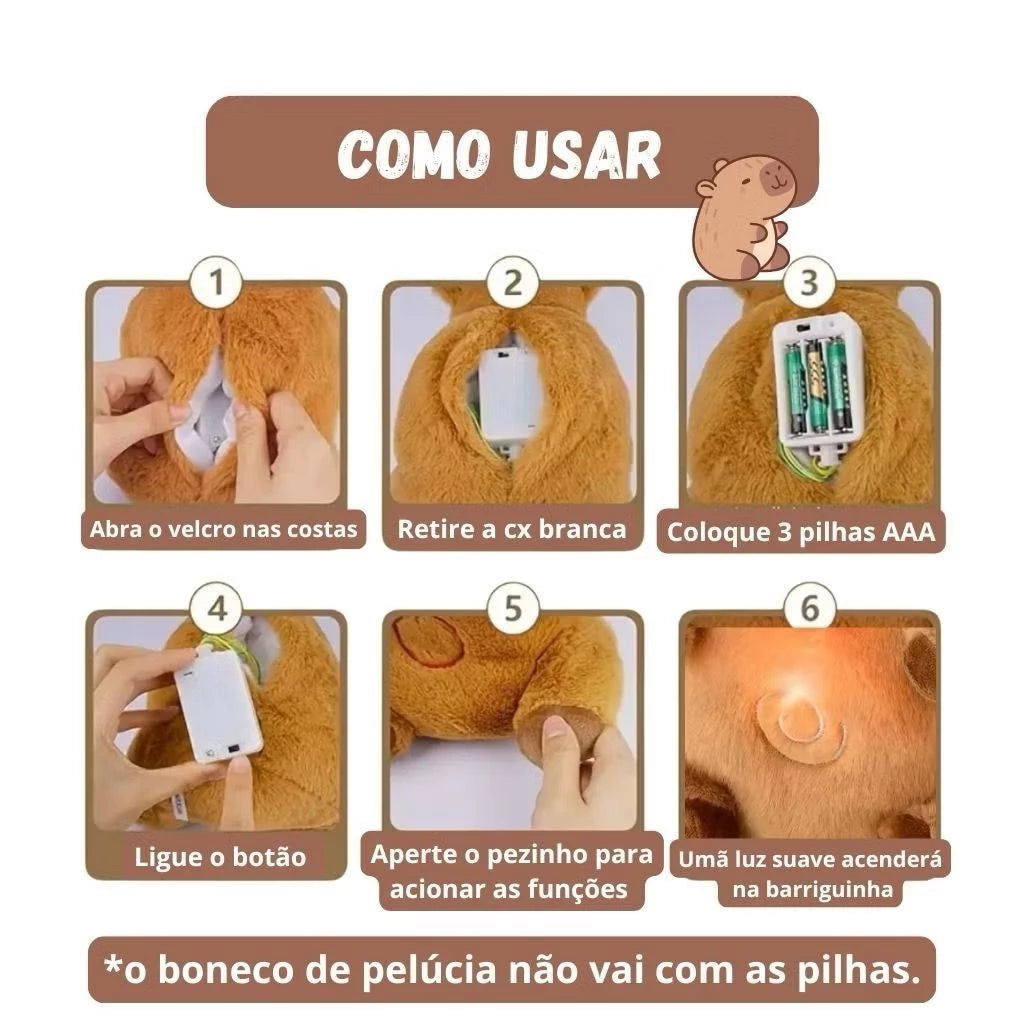 Capivara de Pelúcia que Respira Original - Anti-Ansiedade com Luz e Som Relaxante