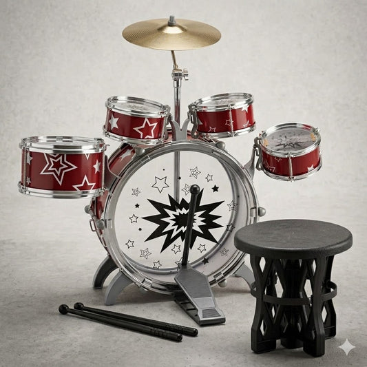 Bateria Infantil Completa com Prato, Tambores e Baquetas - Musicalização e Diversão