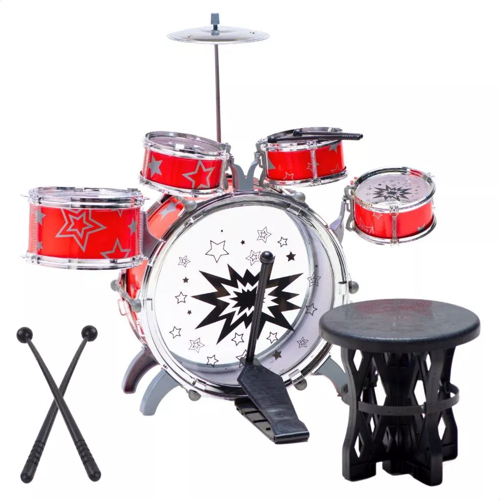 Bateria Infantil Completa com Prato, Tambores e Baquetas - Musicalização e Diversão