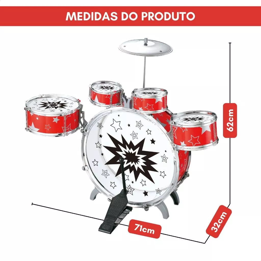 Bateria Infantil Completa com Prato, Tambores e Baquetas - Musicalização e Diversão
