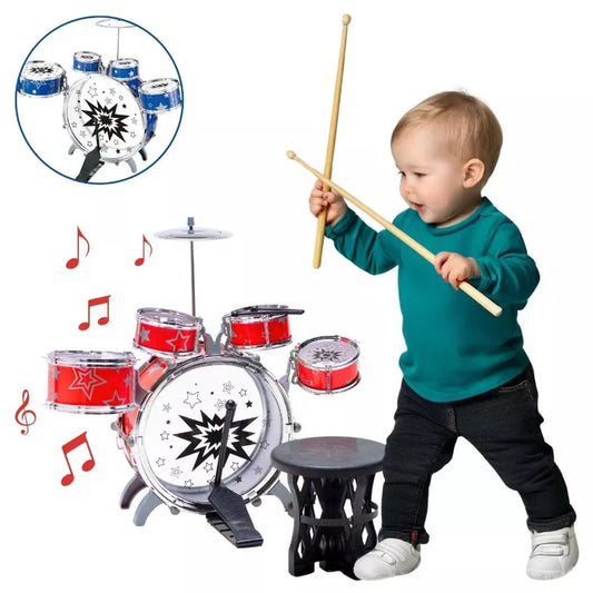 Bateria Infantil Completa com Prato, Tambores e Baquetas - Musicalização e Diversão