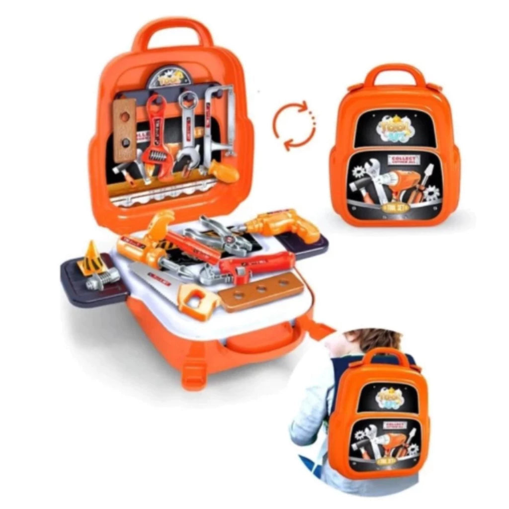 Kit Maleta de Ferramentas Infantil 3 em 1 - Bancada de Trabalho Educativa Portátil